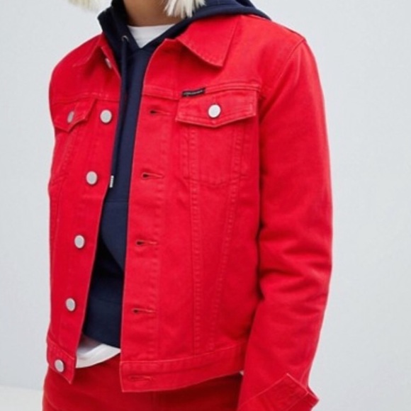 red calvin klein denim jacket